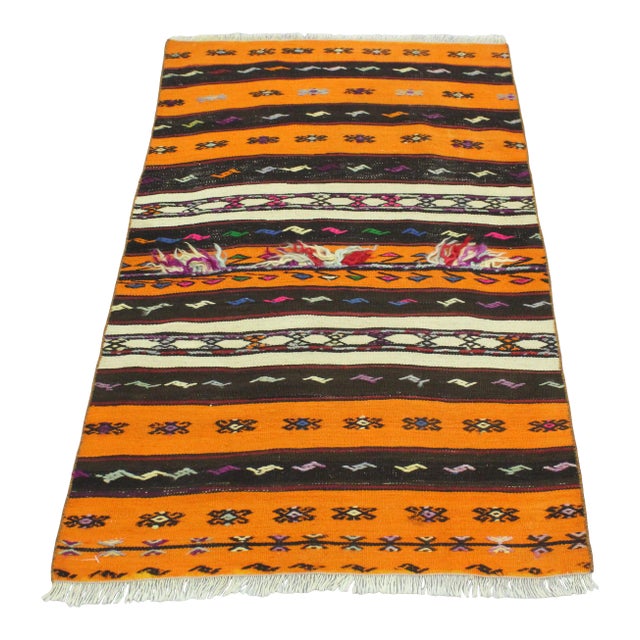 1970s Southwestern Style Handmade Pumpkin Orange Turkish Kilim Area Rug For Sale