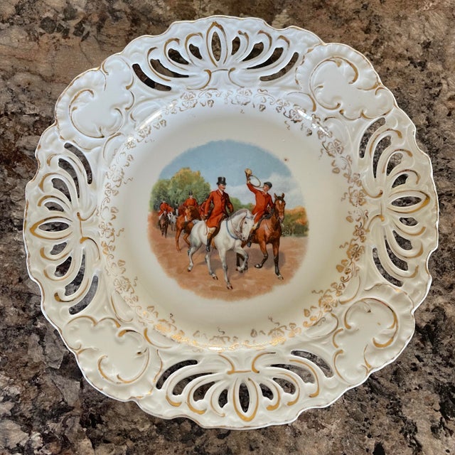 Two Vintage Reticulated Equestrian Fox Hunt Scene Porcelain Plates With Gold Accents English British Collectible Decorative Gesetzlich Geschutzt For Sale - Image 4 of 8