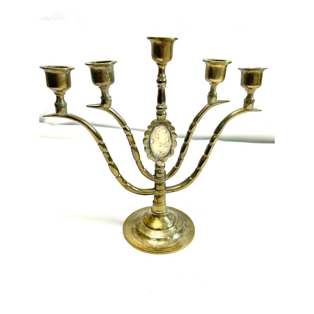 Metal Pair Hollywood Regency Brass 5-Arm Candelabras With Carved Bone Medallions – Vintage Brass Candle Holders For Sale - Image 7 of 12
