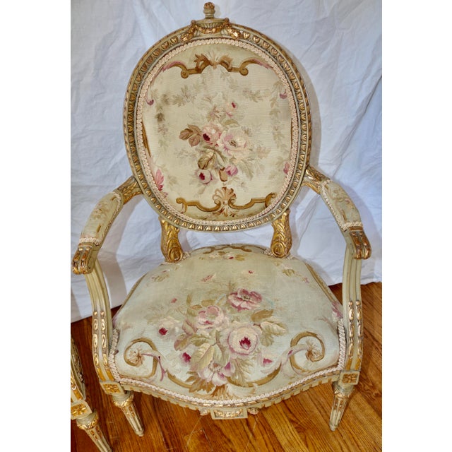 French Louis XVI Carved Giltwood Gold Leaf Armchairs With Aubusson Tapestry Upholstery Circa 1760's - A Pair.