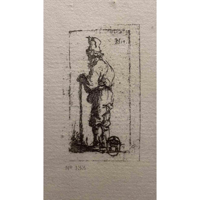 After Rembrandt, Beggar Leaning on a Stick Facing Left, Etching, 19th Century For Sale