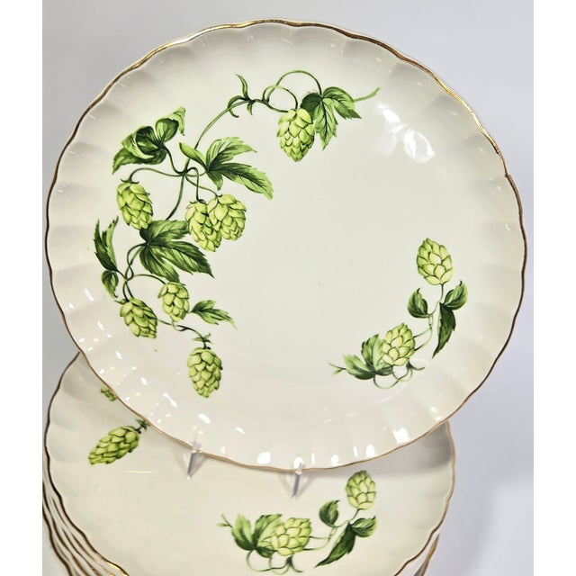Farmhouse Gold Rimmed Hops China Plates- Set of Six For Sale - Image 3 of 9