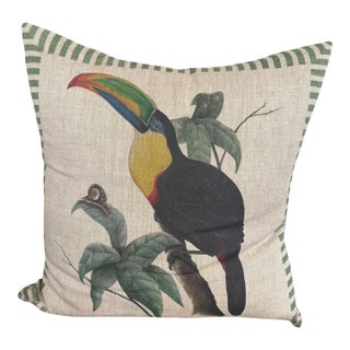 Vintage Linen Toucan & Snail Cushion With Striped Border For Sale