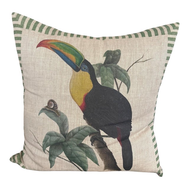 Vintage Linen Toucan & Snail Cushion With Striped Border For Sale