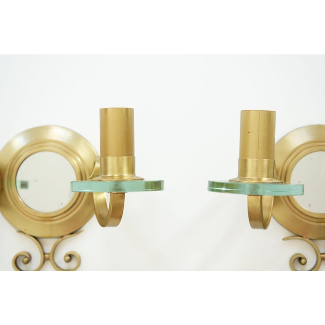 Metal French Gilt-Bronze and Glass Sconces with Central Mirrors, 1940, Set of 2 For Sale - Image 7 of 10