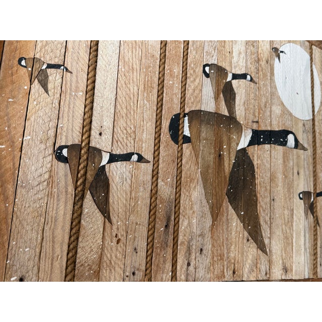 Large Vtg. 1989 Wood Inlay Geese Landscape Art Signed by C. Pruitt Inscribed 19th C. Wood Lath For Sale - Image 16 of 18