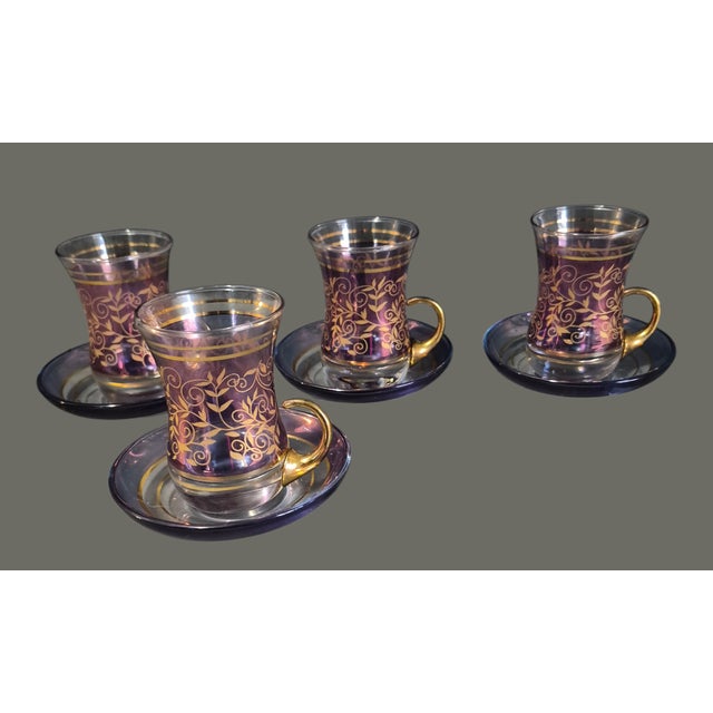 Hollywood Regency Vintage Turkish Tea Cup Set for Four Elegant Purple Gilded Glass For Sale - Image 3 of 8