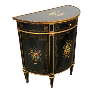 Late 20th Century Theodore Alexander Louis XVI Style Hand-Painted Black & Gilt Demilune Cabinet For Sale