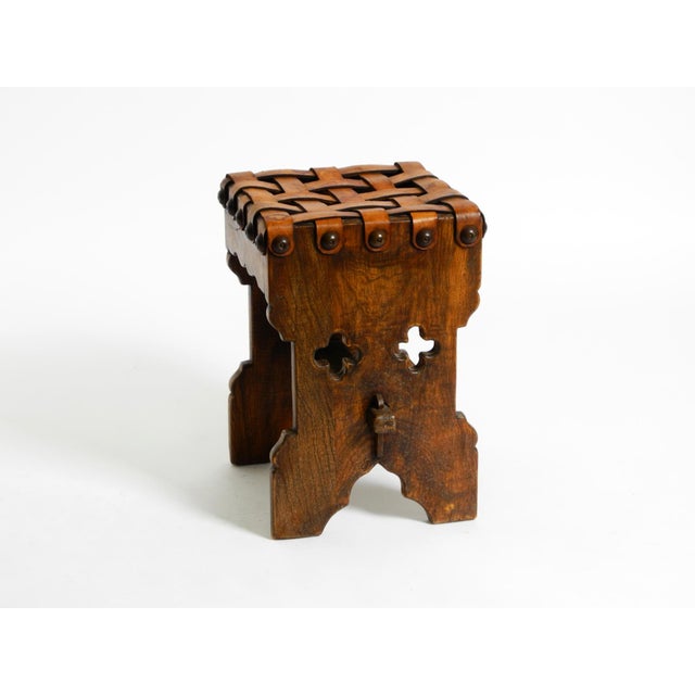 Vintage Oak Stool with Seat in Leather Straps, 1940s For Sale - Image 9 of 18