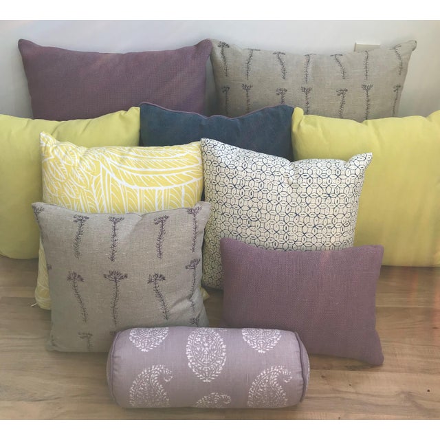 Contemporary Custom Yellow Feather Pattern Throw Pillow For Sale - Image 3 of 4