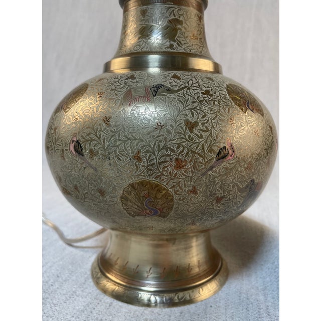 Indian 1950s Indian Brass Incised Animal Motif Table Lamp For Sale - Image 3 of 11