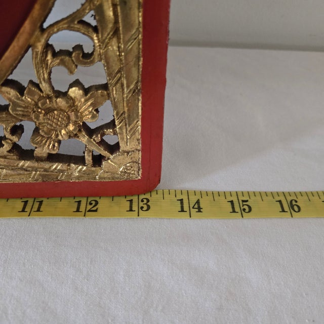 Antique Chinese Giltwood Panel Relief Carving Landscape Scene Red Lacquer Borders and Back For Sale - Image 13 of 18