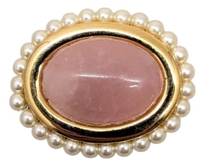 Vintage Signed Napier Oval Goldtone Rose Quartz & Faux-Pearl Brooch