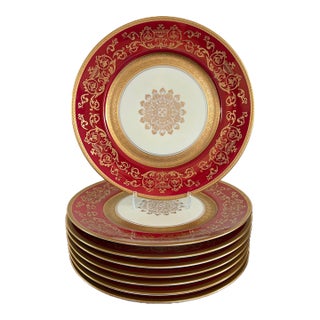 1930s Pickard Red & Gold Czech Bohemian Porcelain Dinner Plates - Set of 8 For Sale