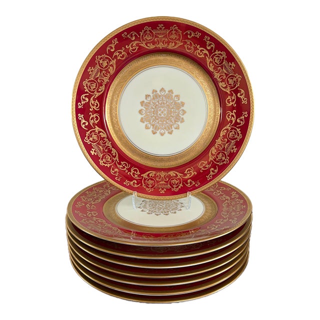 1930s Pickard Red & Gold Czech Bohemian Porcelain Dinner Plates - Set of 8 For Sale