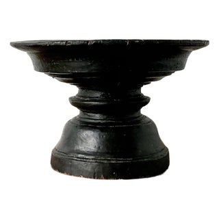 Vintage Boho Carved Wood Decorative Pedestal Bowl For Sale