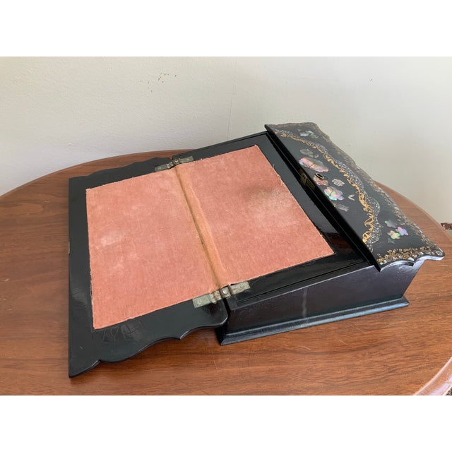 Black 19th Century Antique Victorian Papier-Mâché & Mother of Pearl Lacquered Writing Slope, Lap Desk, Box. Original Velvet & Secret Compt. See Photos! For Sale - Image 8 of 11