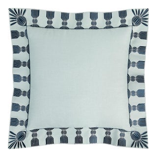 Tassel Embroidered Linen Pillow, Sky Blue & Navy, 24 "x 24" For Sale
