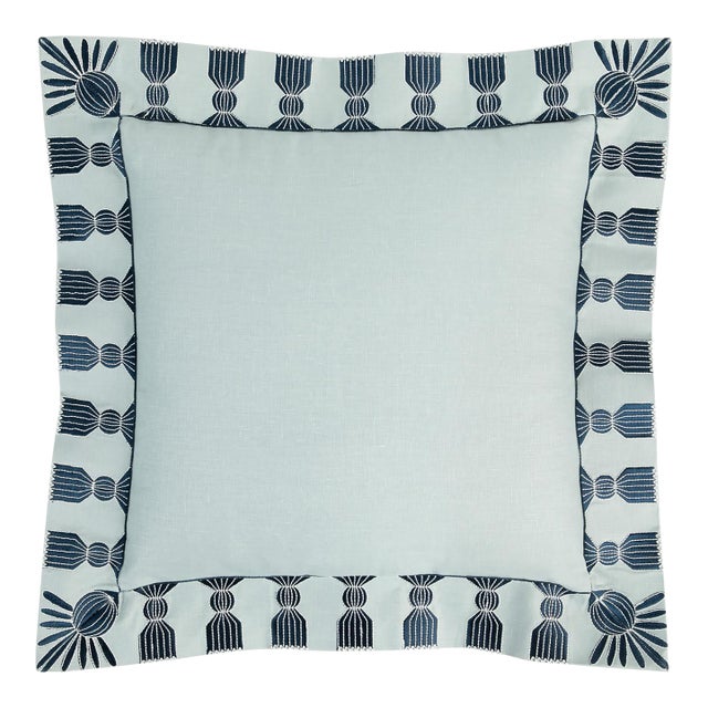 Tassel Embroidered Linen Pillow, Sky Blue & Navy, 24 "x 24" For Sale