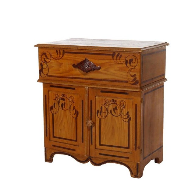 Victorian Antique Faux Painted Chestnut Lift Top 2-Door Stenciled Commode Circa 1890 For Sale - Image 3 of 18