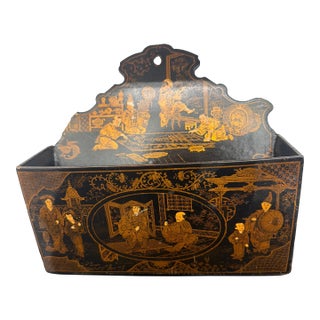 A Chinoiserie Black and Gold 19th Century Wall Pocket For Sale