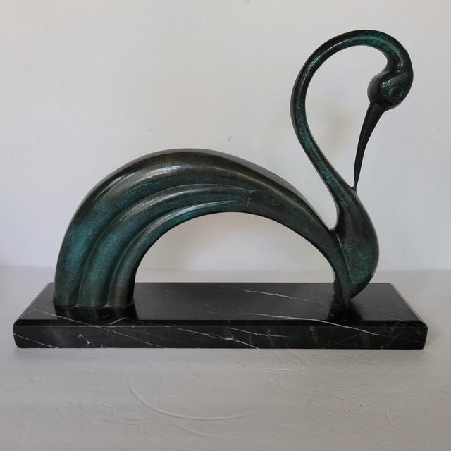 Dark Green Contemporary Italian Bronze Swan Sculpture on Black Marble Base in Art Deco Revival Style For Sale - Image 8 of 9