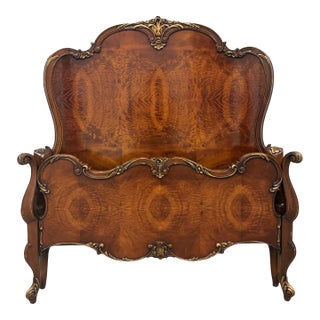 Antique French Louis XV Style Flame Mahogany Twin Bed Frame With Gilt Carved Accents For Sale