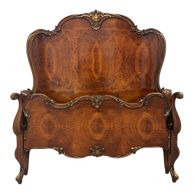 Antique French Louis XV Style Flame Mahogany Twin Bed Frame With Gilt Carved Accents For Sale