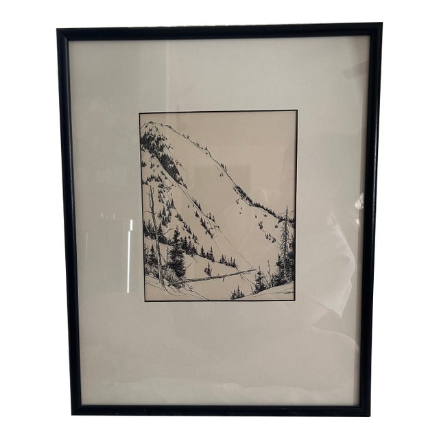 Mid Century Black and White Landscape Sketch Art. Signed Original. For Sale