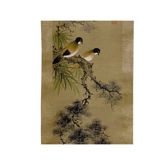 2000 - 2009 Chinese Color Ink Birds Pine Tree on Tree Scroll Painting Wall Art For Sale - Image 5 of 7