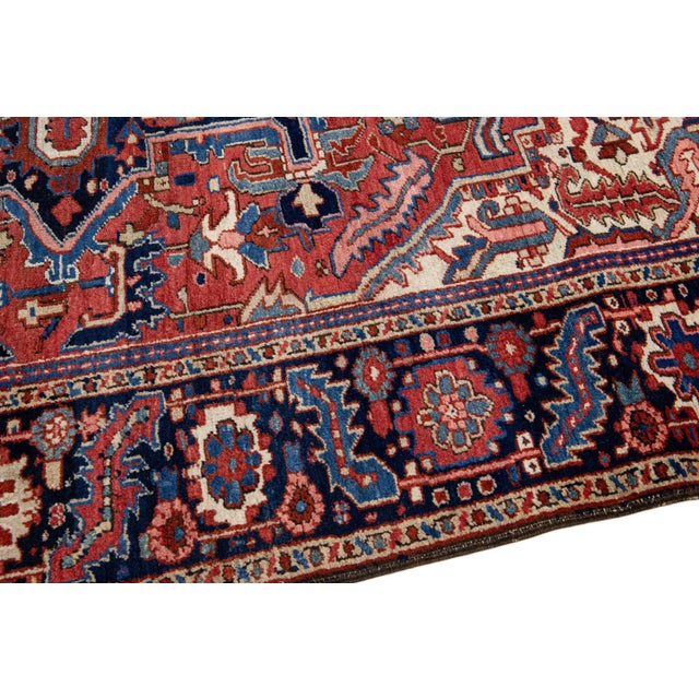 Antique Persian Heriz Handmade Red Wool Rug With Medallion Motif For Sale In New York - Image 6 of 11