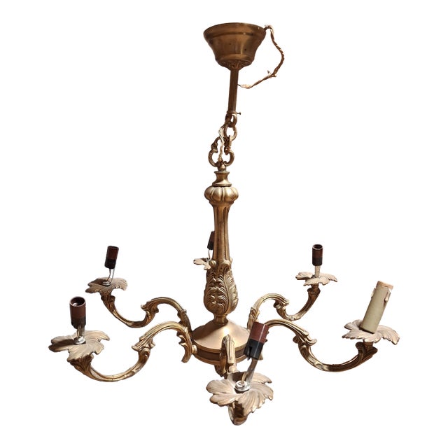 Vintage French Louis XV Style Six-Light Gilt Bronze Chandelier With Rococo Scroll Arms For Sale