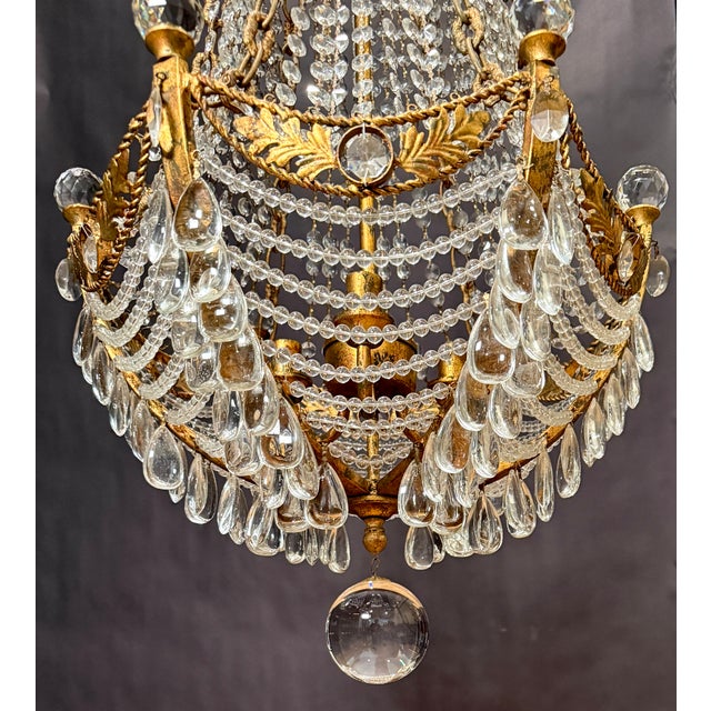 Mid 20th Century Hollywood Regency Gilt Metal & Crystal Beaded Basket Chandelier For Sale - Image 9 of 9