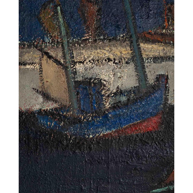 Hubert Henri de Vries, Boats in the Harbor, Antwerp, 1960s, Oil on Canvas For Sale - Image 4 of 9
