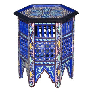 Hand-Painted Moroccan-Style Hexagonal Side Table, Musharabi Blue For Sale