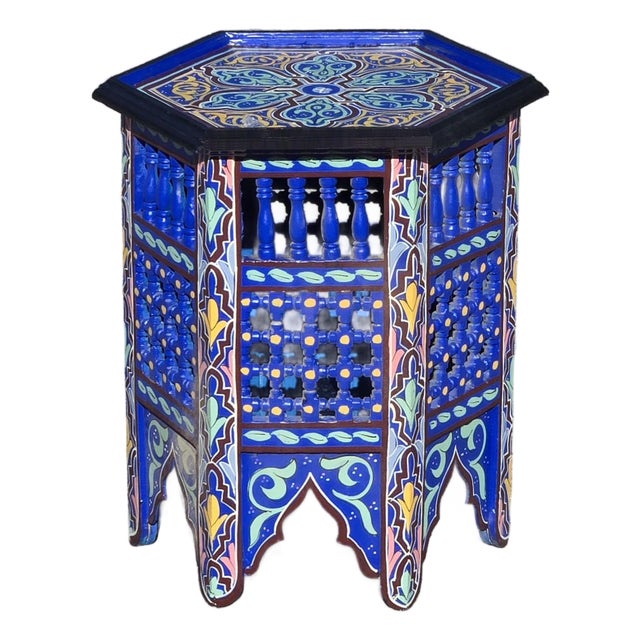Hand-Painted Moroccan-Style Hexagonal Side Table, Musharabi Blue For Sale