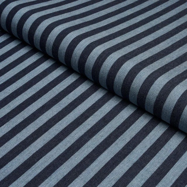 Schumacher Hanson Indoor/Outdoor Stripe Narrow Fabric In Blues For Sale
