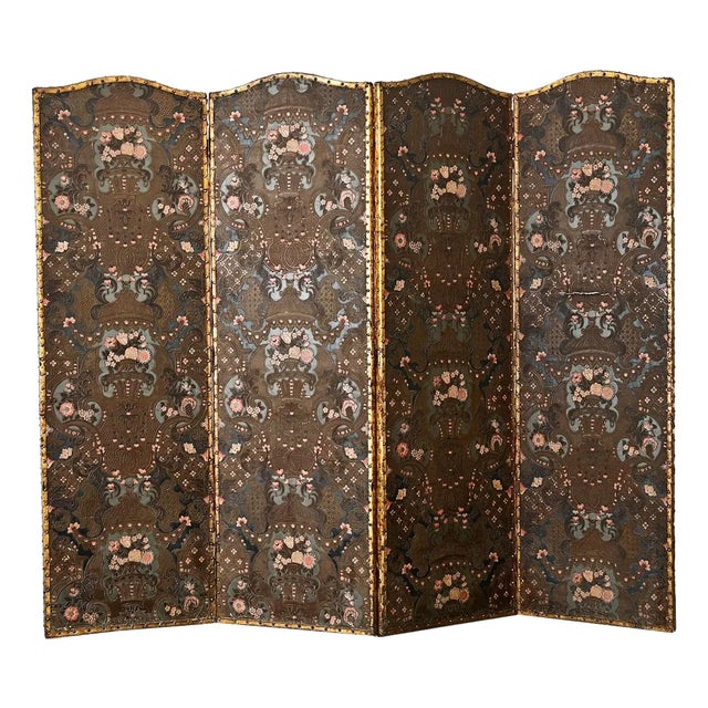 Spanish 19th Century Tooled & Painted Leather Folding Screen For Sale