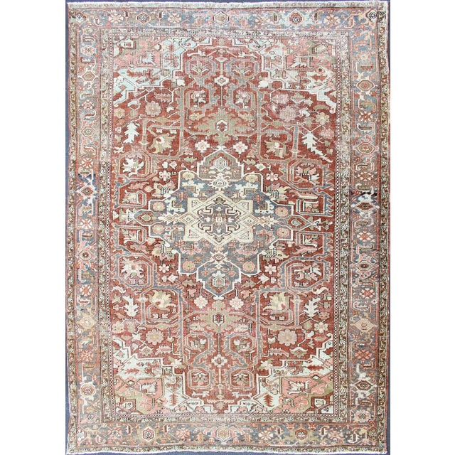 Persian Heriz With Geometric Medallion in Soft Red, Gray Blue With Soft Greens 7'6 X 10'8 For Sale - Image 13 of 13