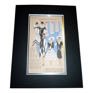 1932 Art Deco Fashion Pochoir "Columbines & Pierrots" Matted For Sale