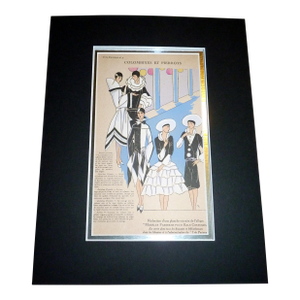 1932 Art Deco Fashion Pochoir "Columbines & Pierrots" Matted
