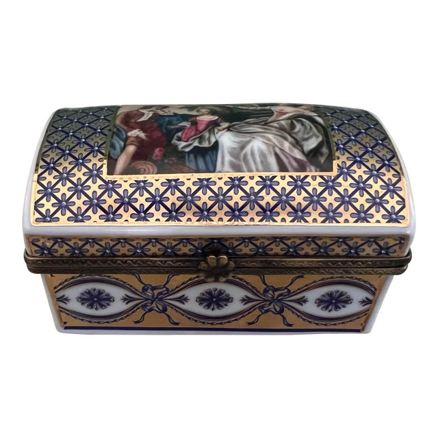 Large Porcelain Trinket Box With Victorian Scene For Sale
