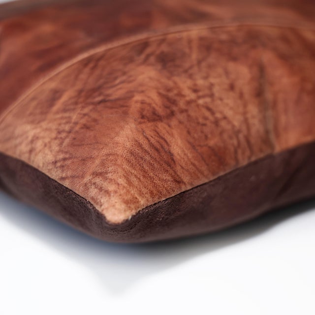 2020s Luxury Cognac Genuine Leather Patchwork Throw Pillow 16x24 | Handmade Rustic Modern Lumbar Cushion For Sale - Image 5 of 7