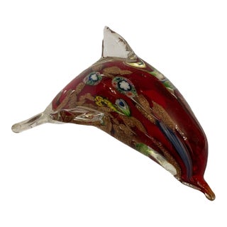 Vintage Red and Gold Dolphin Murano Style Hand Blown Glass Sculpture For Sale