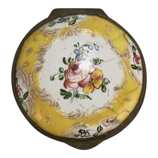Antique 18th c Yellow Bilston Battersea Enamel Patch Box with Raised Decoration For Sale