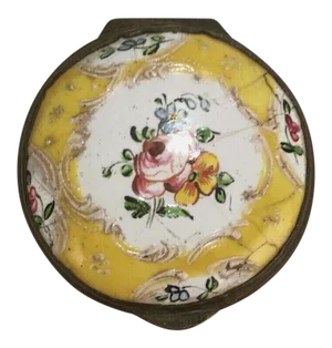 Antique 18th c Yellow Bilston Battersea Enamel Patch Box with Raised Decoration