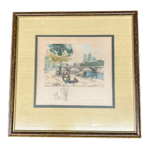 Early 20th Century Hand-Colored Engraving of Pont Neuf With the Notre Dame Cathedral