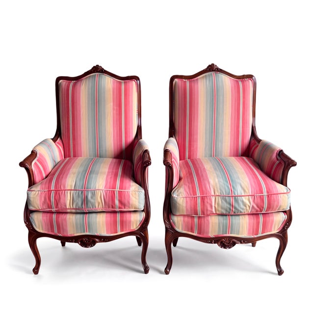 Wood Mid-Century French Style Carved Mahogany Arm Chairs W/ Down Cushions - Pair For Sale - Image 7 of 8