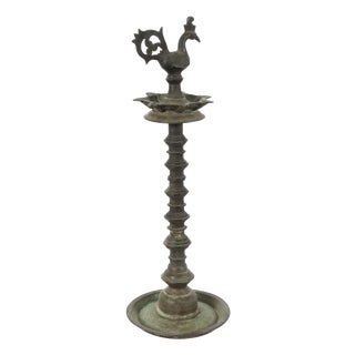 Large Antique Indian Brass Diya Samai Pooja Temple Oil Lamp, 1920s For Sale