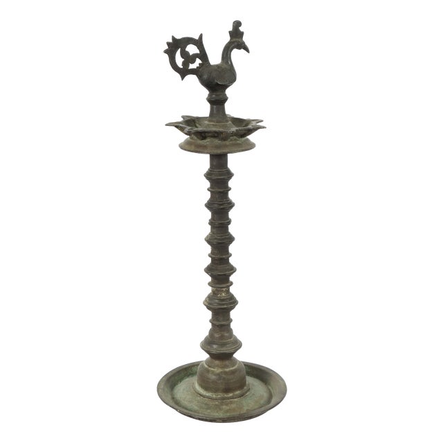 Large Antique Indian Brass Diya Samai Pooja Temple Oil Lamp, 1920s For Sale